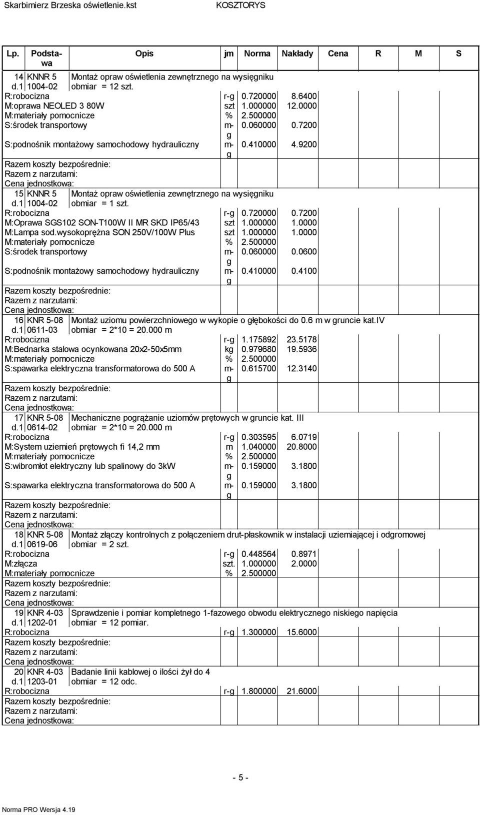 9200 15 KNNR 5 d.1 1004-02 Montaż opraw oświetlenia zewnętrzneo na wysięniku obmiar = 1 szt. R:robocizna r- 0.720000 0.7200 M:Oprawa SGS102 SON-T100W II MR SKD IP65/43 szt 1.000000 1.0000 M:Lampa sod.