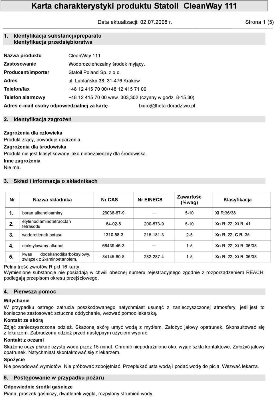 30) Adres e-mail osoby odpowiedzialnej za kartę 2. Identyfikacja zagrożeń Zagrożenia dla człowieka Produkt żrący, powoduje oparzenia.