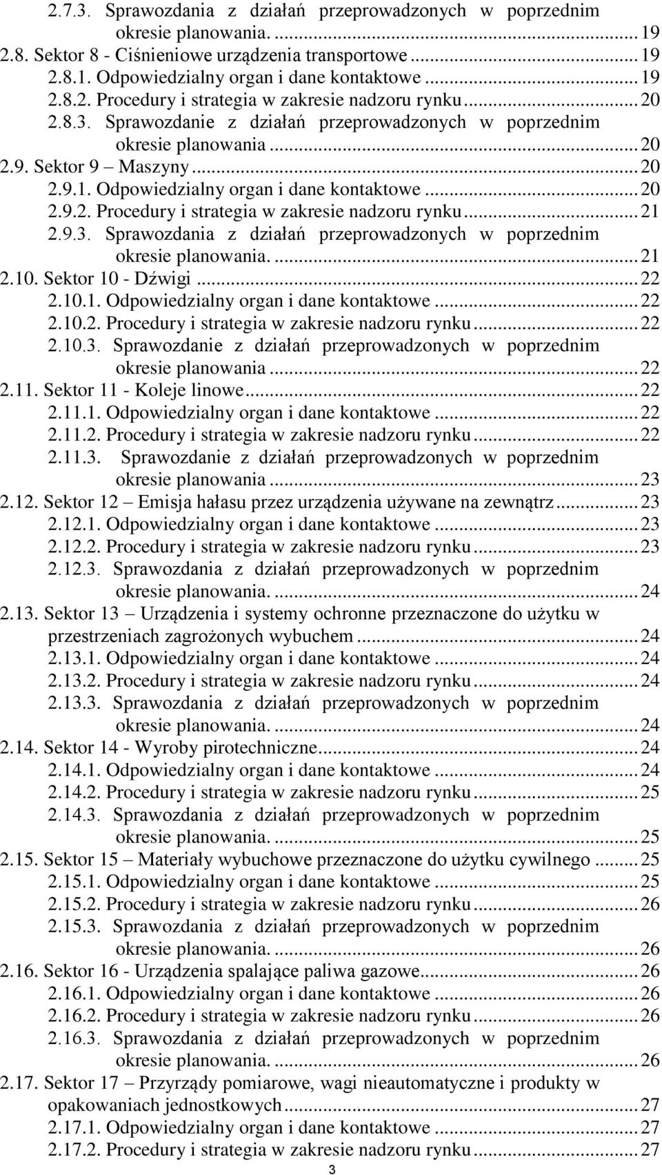 .. 21 2.9.3. Sprawozdania z działań przeprowadzonych w poprzednim okresie planowania.... 21 2.10. Sektor 10 - Dźwigi... 22 2.10.1. Odpowiedzialny organ i dane kontaktowe... 22 2.10.2. Procedury i strategia w zakresie nadzoru rynku.