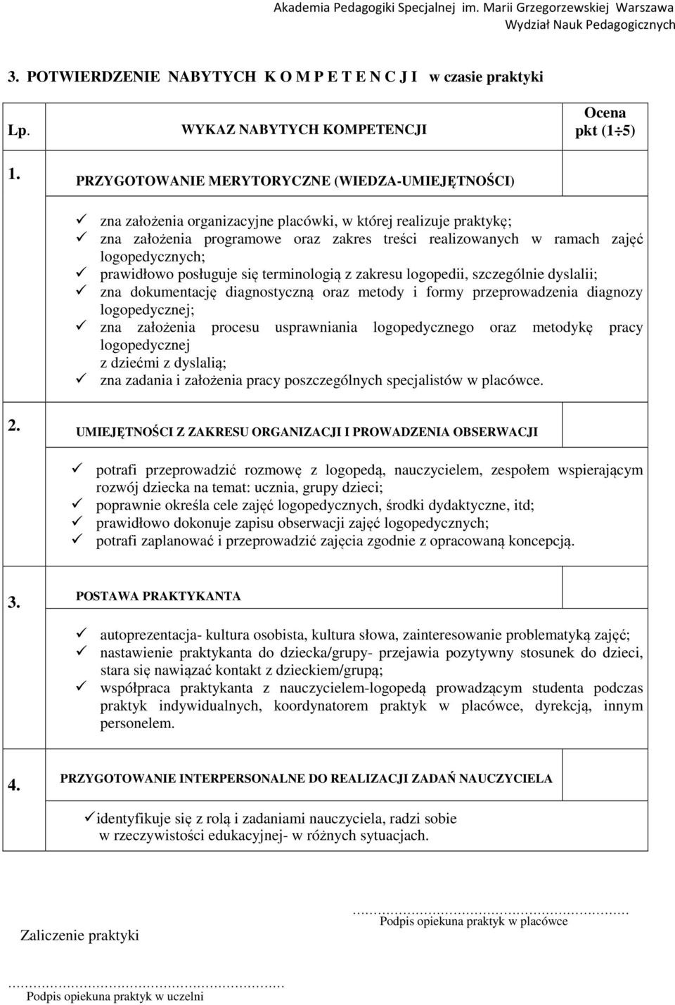 logopedycznych; prawidłowo posługuje się terminologią z zakresu logopedii, szczególnie dyslalii; zna dokumentację diagnostyczną oraz metody i formy przeprowadzenia diagnozy logopedycznej; zna