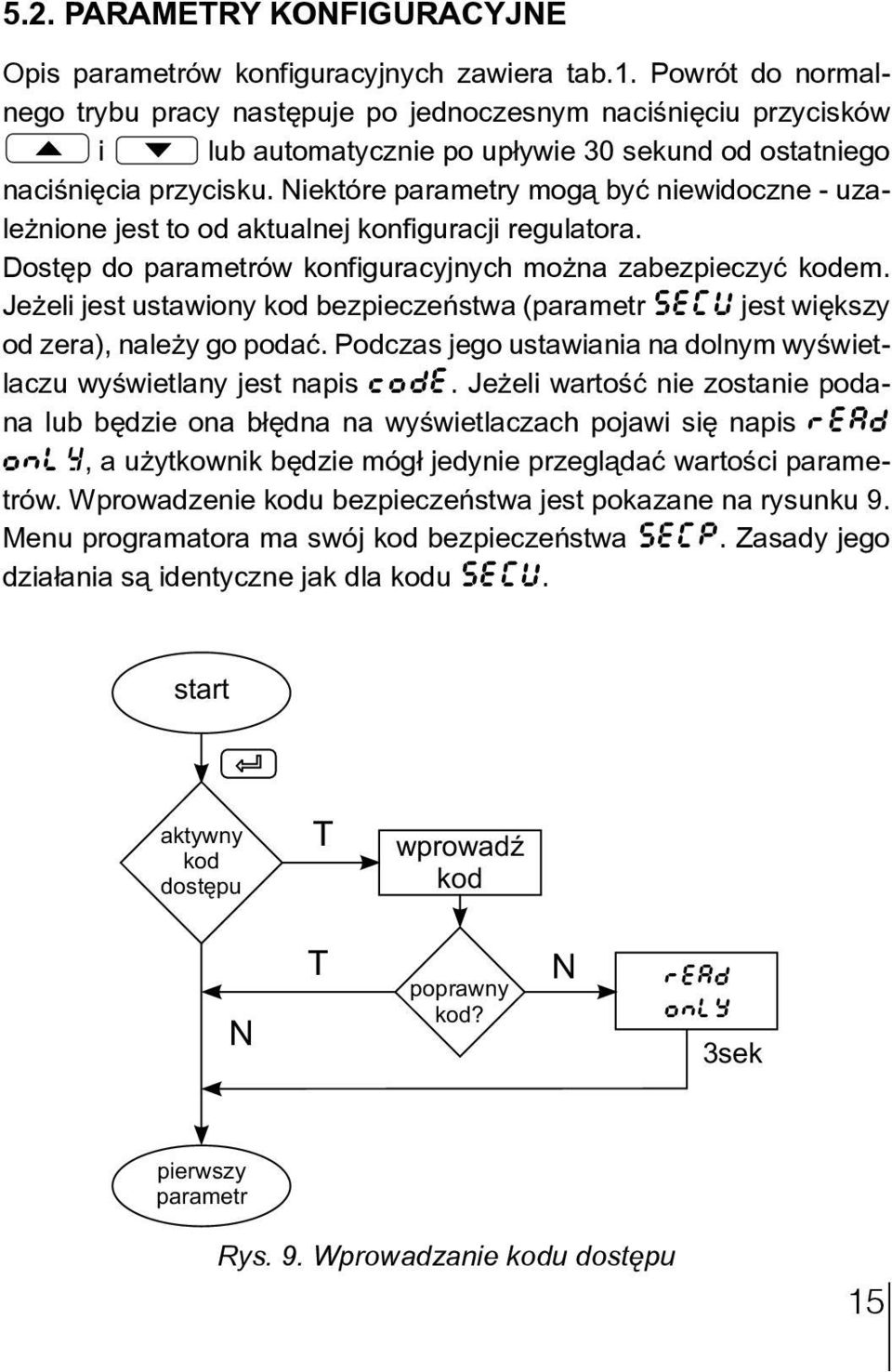 Niektóre parametry mogą być niewidoczne - uzależnione jest to od aktualnej konfiguracji regulatora. Dostęp do parametrów konfiguracyjnych można zabezpieczyć kodem.