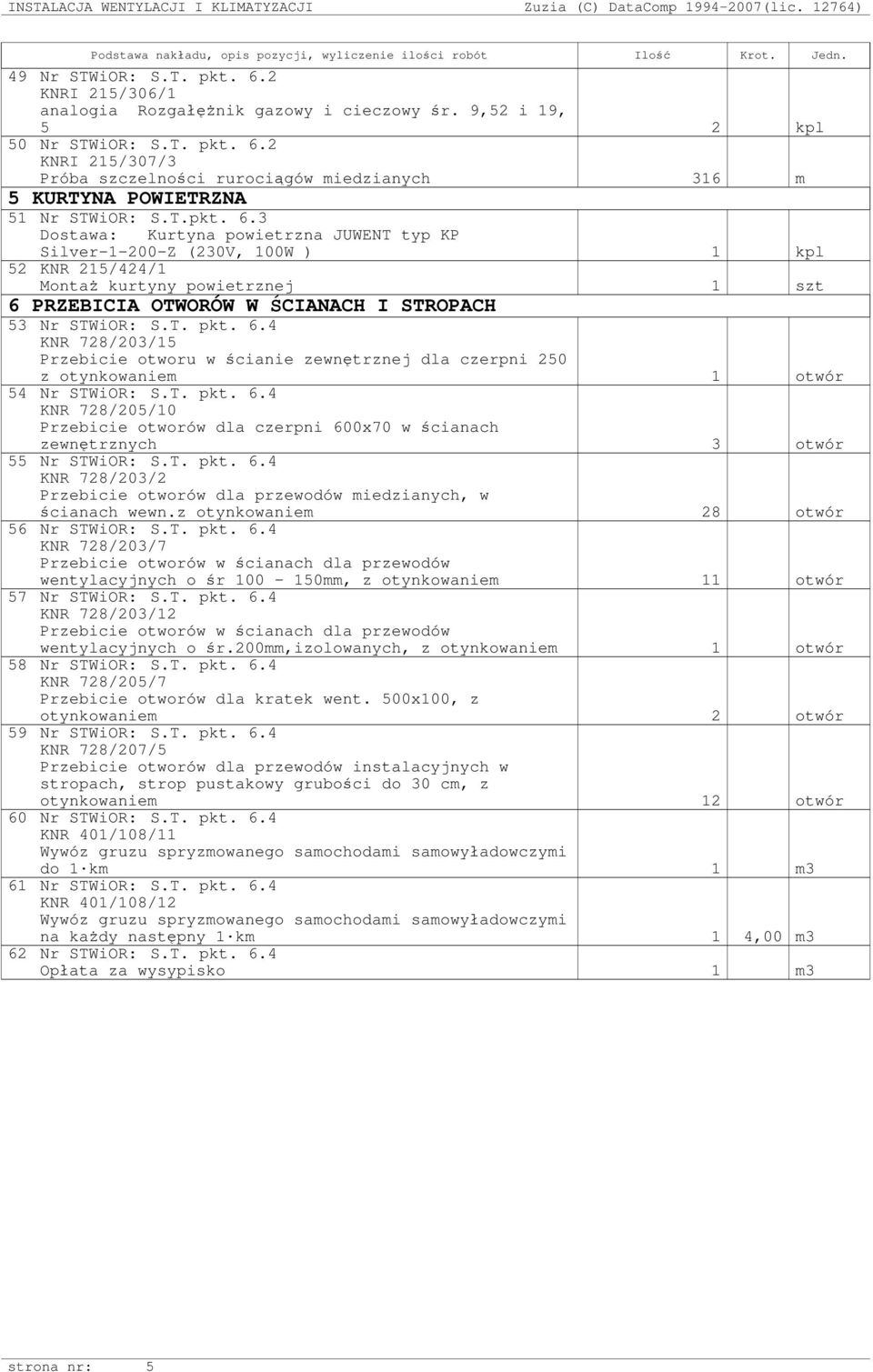 6.4 KNR 728/203/15 Przebicie otworu w ścianie zewnętrznej dla czerpni 250 z otynkowaniem 1 otwór 54 Nr STWiOR: S.T. pkt. 6.