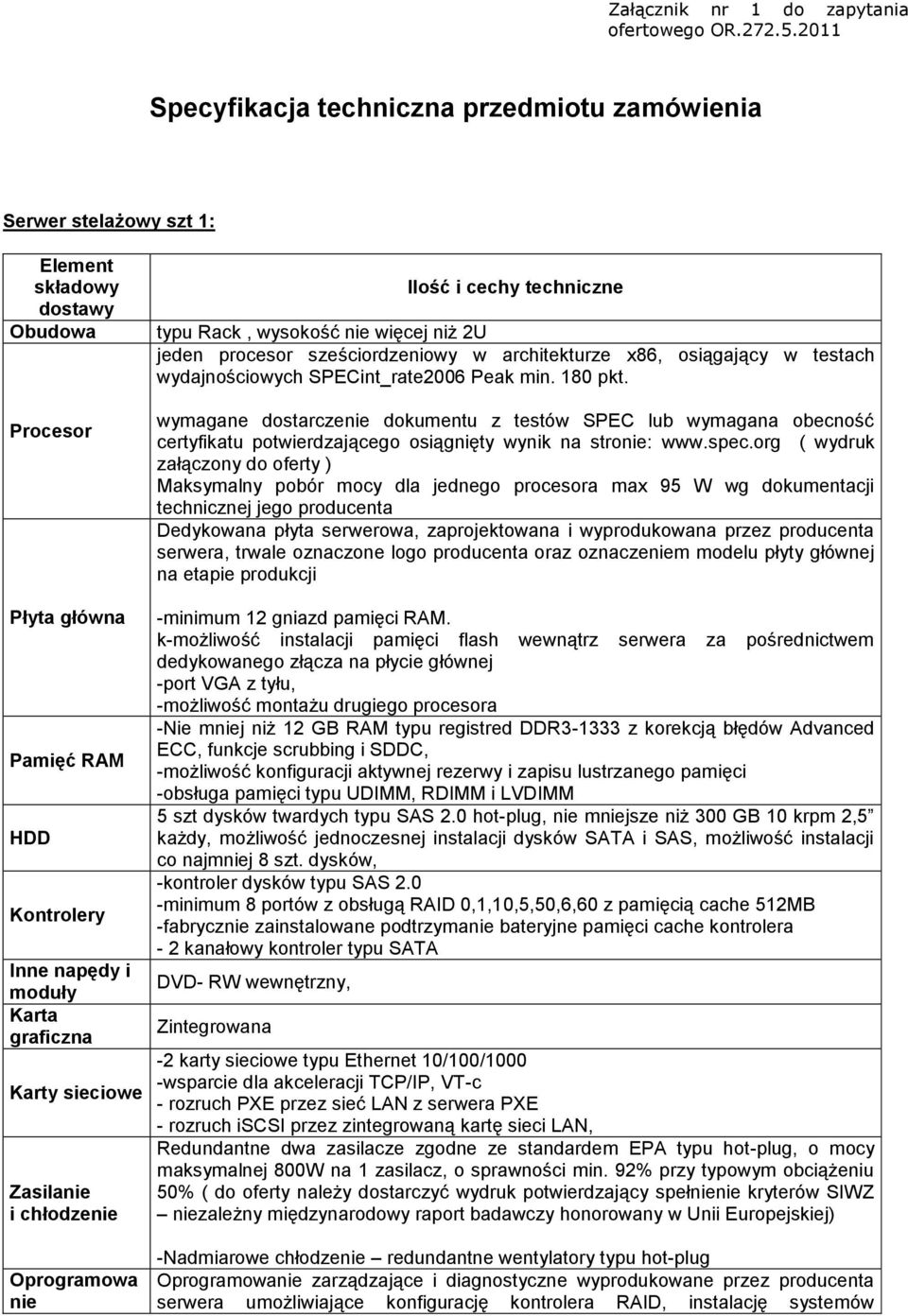 Oprogramowa nie typu Rack, wysokość nie więcej niż 2U jeden procesor sześciordzeniowy w architekturze x86, osiągający w testach wydajnościowych SPECint_rate2006 Peak min. 180 pkt.