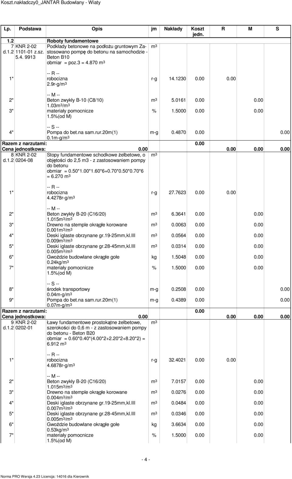 50*1.00*1.60*6+0.70*0.50*0.70*6 = 6.270 4.4278r-g/ r-g 27.7623 0.00 0.00 6.3641 0.00 0.00 0.0063 0.00 0.00 0.0564 0.00 0.00 0.0314 0.00 0.00 kg 1.5048 0.00 0.00 2* Beton zwykły B-20 (C16/20) 1.