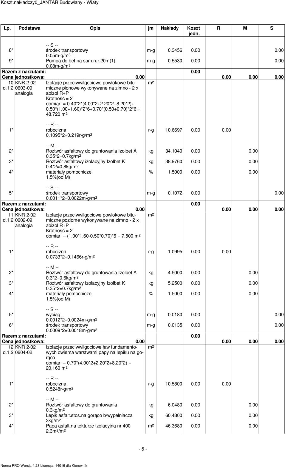 60)*2*6+0.70*(0.50+0.70)*2*6 = 48.720 0.1095*2=0.219r-g/ r-g 10.6697 0.00 0.00 kg 34.1040 0.00 0.00 kg 38.9760 0.00 0.00 2* Roztwór asfaltowy do gruntowania Izolbet A 0.35*2=0.