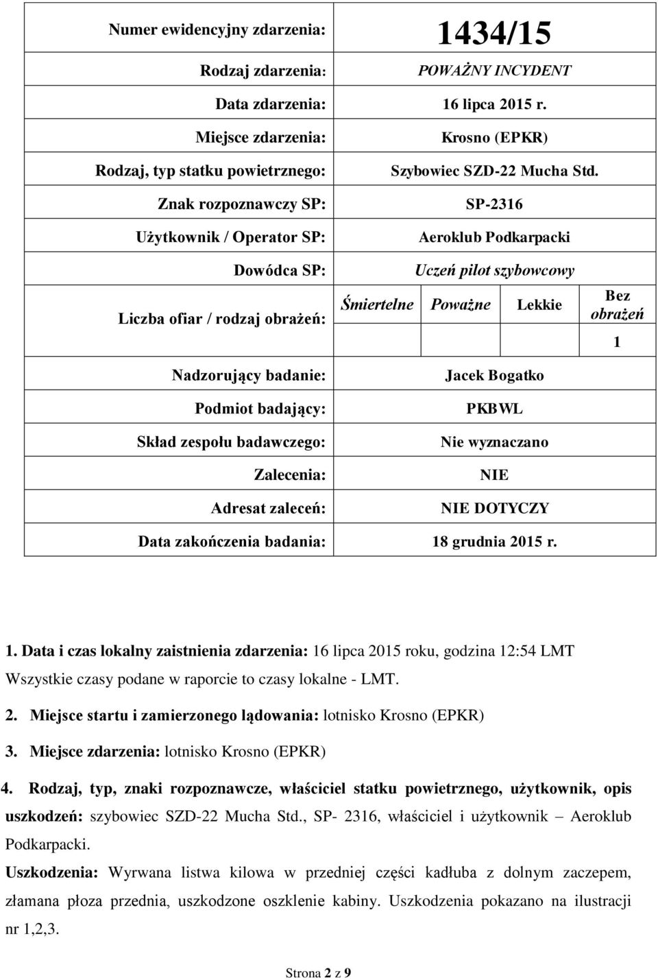 SP-2316 Aeroklub Podkarpacki Dowódca SP: Liczba ofiar / rodzaj obrażeń: Nadzorujący badanie: Podmiot badający: Skład zespołu badawczego: Zalecenia: Adresat zaleceń: Uczeń pilot szybowcowy Śmiertelne