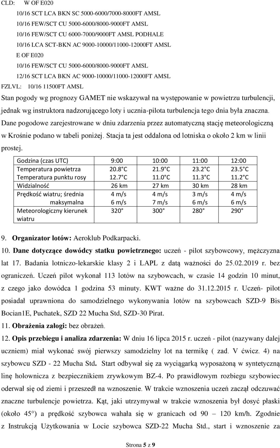 na występowanie w powietrzu turbulencji, jednak wg instruktora nadzorującego loty i ucznia-pilota turbulencja tego dnia była znaczna.