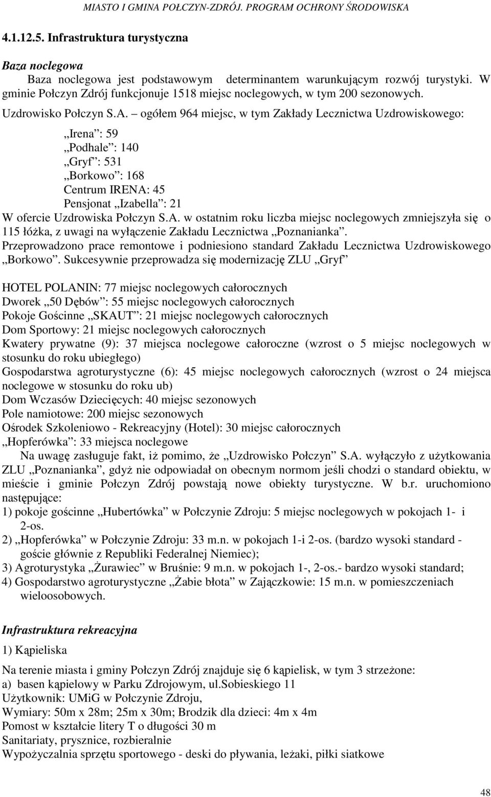 ogółem 964 miejsc, w tym Zakłady Lecznictwa Uzdrowiskowego: Irena : 59 Podhale : 140 Gryf : 531 Borkowo : 168 Centrum IRENA: