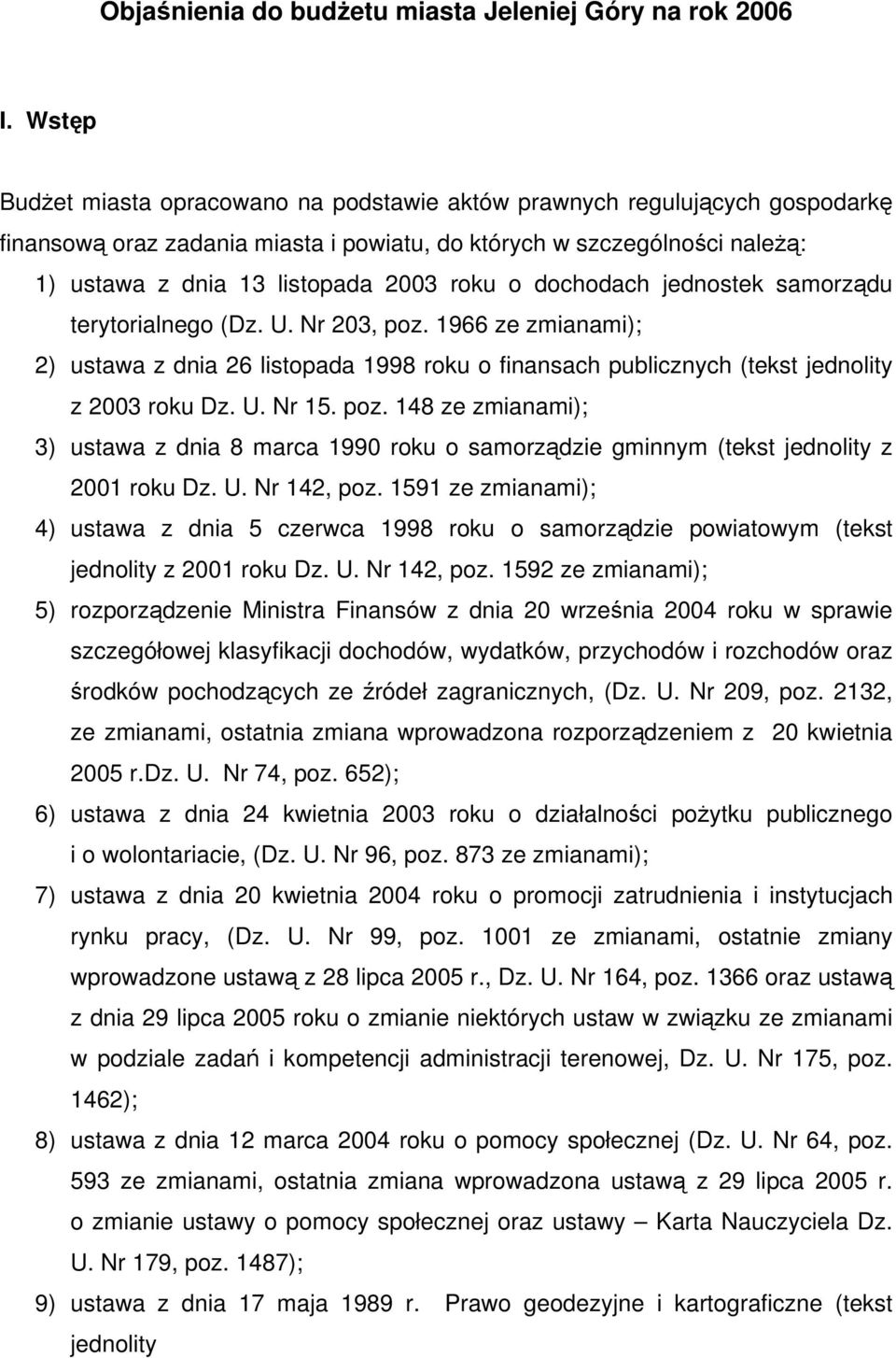 o dochodach jednostek samorządu terytorialnego (Dz. U. Nr 203, poz. 1966 ze zmianami); 2) ustawa z dnia 26 listopada 1998 roku o finansach publicznych (tekst jednolity z 2003 roku Dz. U. Nr 15. poz. 148 ze zmianami); 3) ustawa z dnia 8 marca 1990 roku o samorządzie gminnym (tekst jednolity z 2001 roku Dz.