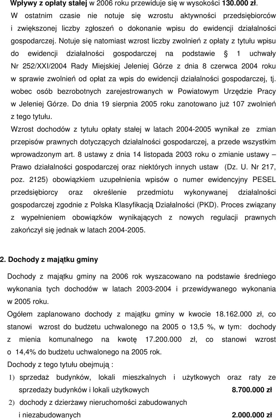 Notuje się natomiast wzrost liczby zwolnień z opłaty z tytułu wpisu do ewidencji działalności gospodarczej na podstawie 1 uchwały Nr 252/XXI/2004 Rady Miejskiej Jeleniej Górze z dnia 8 czerwca 2004