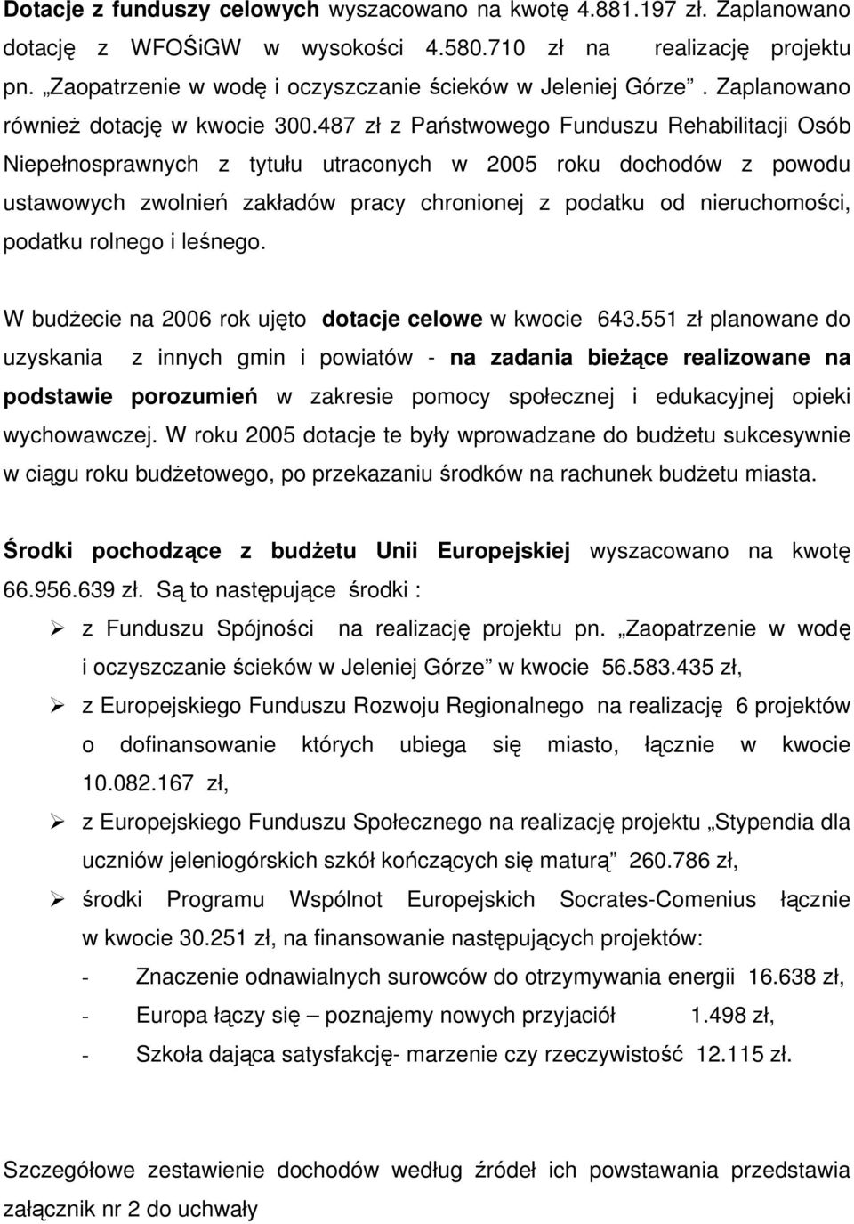 487 zł z Państwowego Funduszu Rehabilitacji Osób Niepełnosprawnych z tytułu utraconych w 2005 roku dochodów z powodu ustawowych zwolnień zakładów pracy chronionej z podatku od nieruchomości, podatku