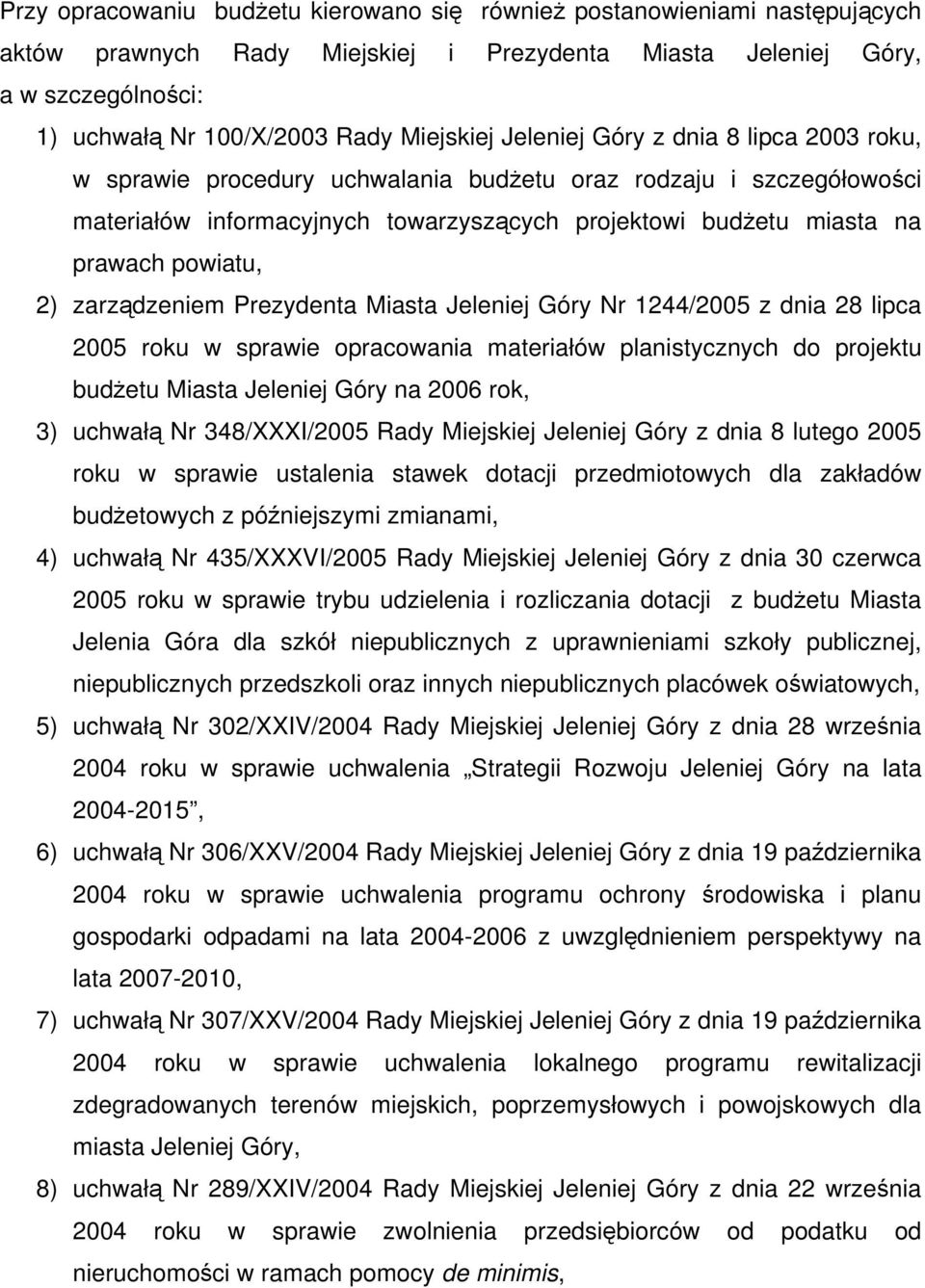 powiatu, 2) zarządzeniem Prezydenta Miasta Jeleniej Góry Nr 1244/2005 z dnia 28 lipca 2005 roku w sprawie opracowania materiałów planistycznych do projektu budżetu Miasta Jeleniej Góry na 2006 rok,