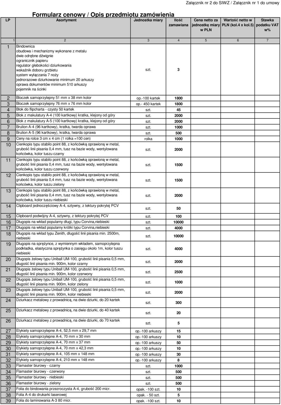 5) Stawka podatku VAT w% 1 2 3 4 5 6 7 1 Bindownica obudowa i mechanizmy wykonane z metalu dwie odrębne dźwignie ogranicznik papieru regulator głebokości dziurkowania wskaźnik doboru grzbietu system