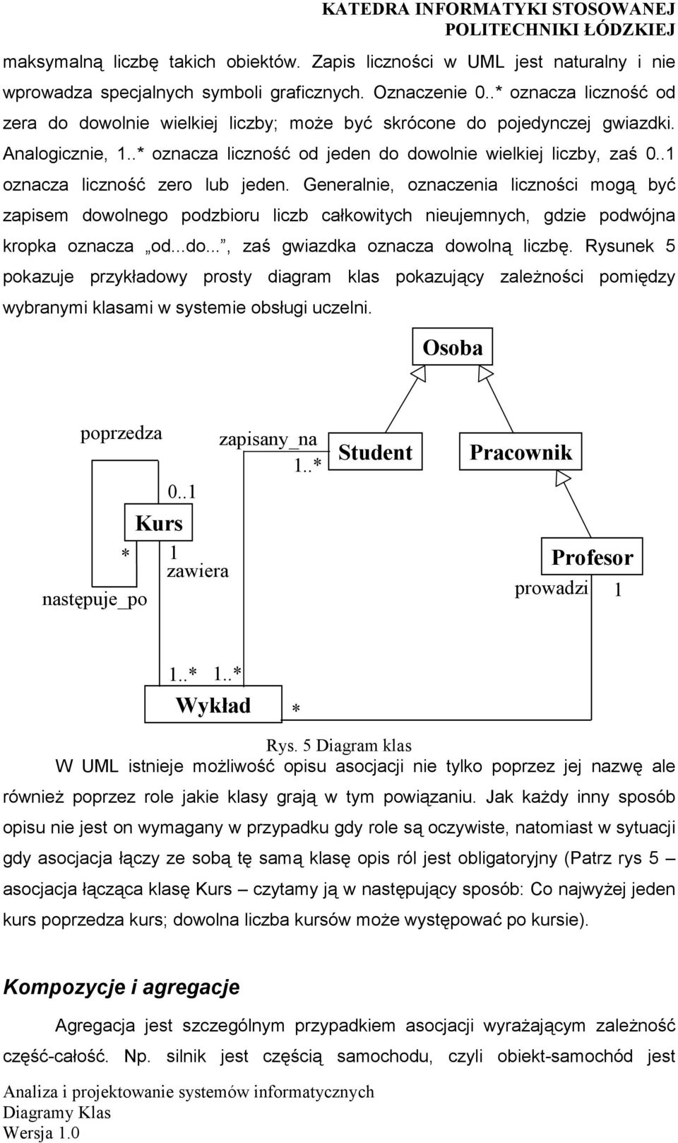 .1 oznacza liczność zero lub jeden. Generalnie, oznaczenia liczności mogą być zapisem dowolnego podzbioru liczb całkowitych nieujemnych, gdzie podwójna kropka oznacza od...do..., zaś gwiazdka oznacza dowolną liczbę.