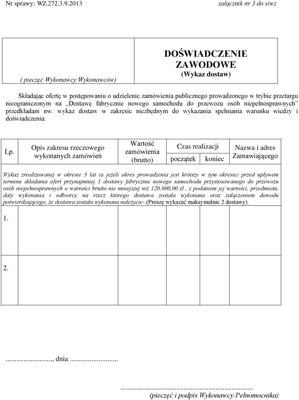 nieograniczonym na Dostawę fabrycznie nowego samochodu do przewozu osób niepełnosprawnych przedkładam nw. wykaz dostaw w zakresie niezbędnym do wykazania spełniania warunku wiedzy i doświadczenia: Lp.