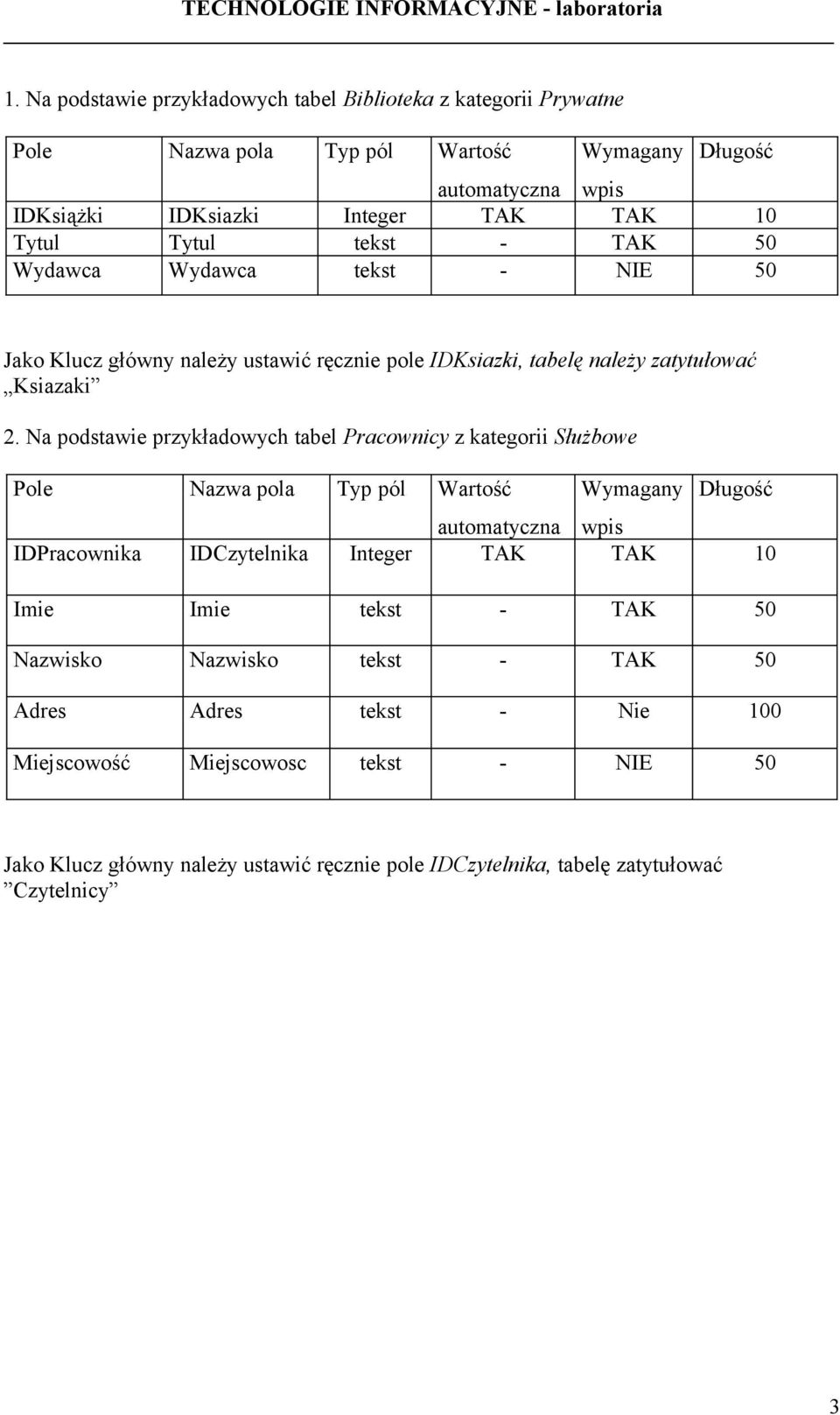 Na podstawie przykładowych tabel Pracownicy z kategorii Służbowe Pole Nazwa pola Typ pól Wartość Wymagany Długość automatyczna wpis IDPracownika IDCzytelnika Integer TAK TAK 10