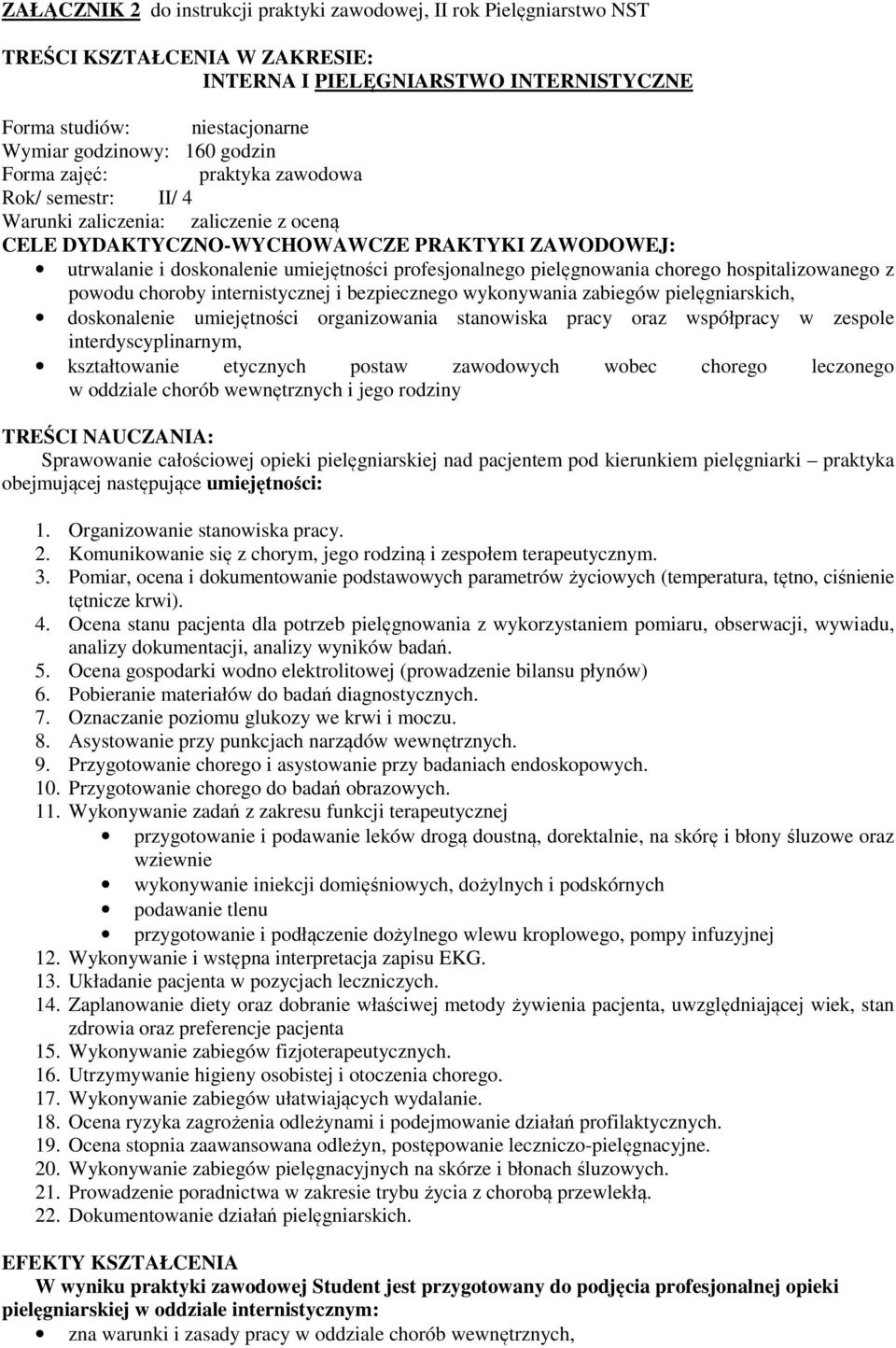 profesjonalnego pielęgnowania chorego hospitalizowanego z powodu choroby internistycznej i bezpiecznego wykonywania zabiegów pielęgniarskich, doskonalenie umiejętności organizowania stanowiska pracy