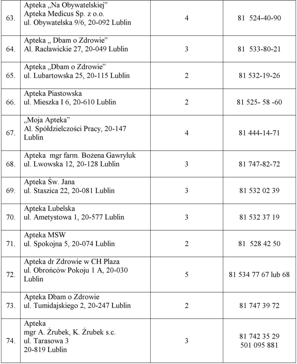 Bożena Gawryluk ul. Lwowska 12, 20-128 Lublin 3 81 747-82-72 Św. Jana ul. Staszica 22, 20-081 Lublin 3 81 532 02 39 Lubelska ul. Ametystowa 1, 20-577 Lublin 3 81 532 37 19 MSW ul.