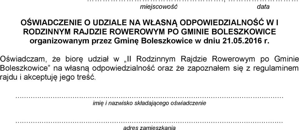Oświadczam, że biorę udział w II Rodzinnym Rajdzie Rowerowym po Gminie Boleszkowice na własną
