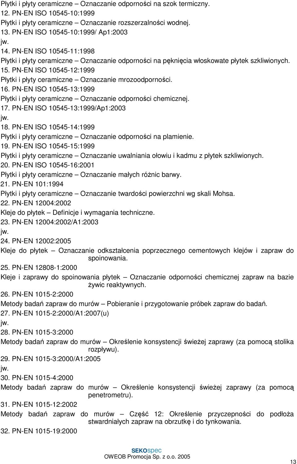 16. PN-EN ISO 10545-13:1999 Płytki i płyty ceramiczne Oznaczanie odporności chemicznej. 17. PN-EN ISO 10545-13:1999/Ap1:2003 18.