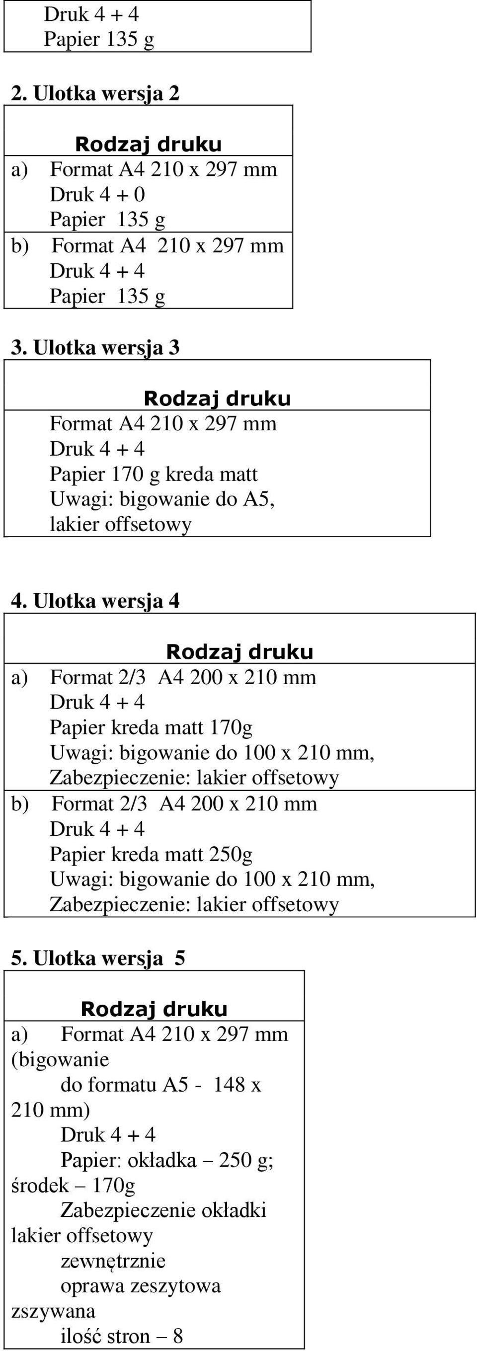 Ulotka wersja 4 a) Format 2/3 A4 200 x 210 mm Papier kreda matt 170g Uwagi: bigowanie do 100 x 210 mm, Zabezpieczenie: lakier offsetowy b) Format 2/3 A4 200 x