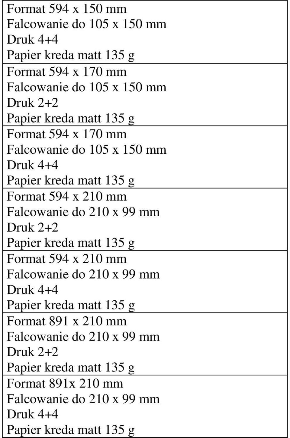 mm Falcowanie do 105 x 150 mm Format 594 x 210 mm Druk 2+2