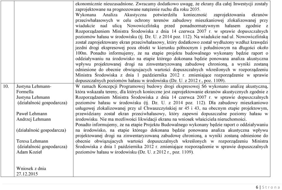 Wykonana Analiza Akustyczna potwierdziła konieczność zaprojektowania ekranów przeciwhałasowych w celu ochrony terenów zabudowy mieszkaniowej zlokalizowanej przy wiadukcie nad ulicą Nowowiczlińską