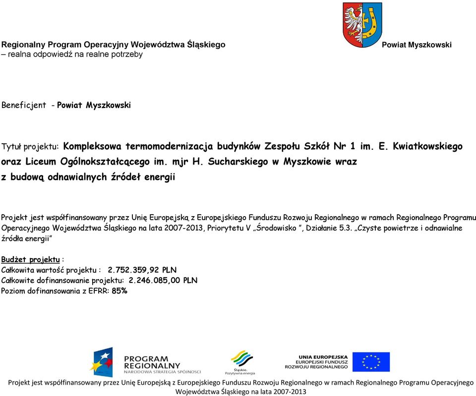 Sucharskiego w Myszkowie wraz z budową odnawialnych źródeł energii Projekt jest współfinansowany przez Unię Europejską z Europejskiego Funduszu