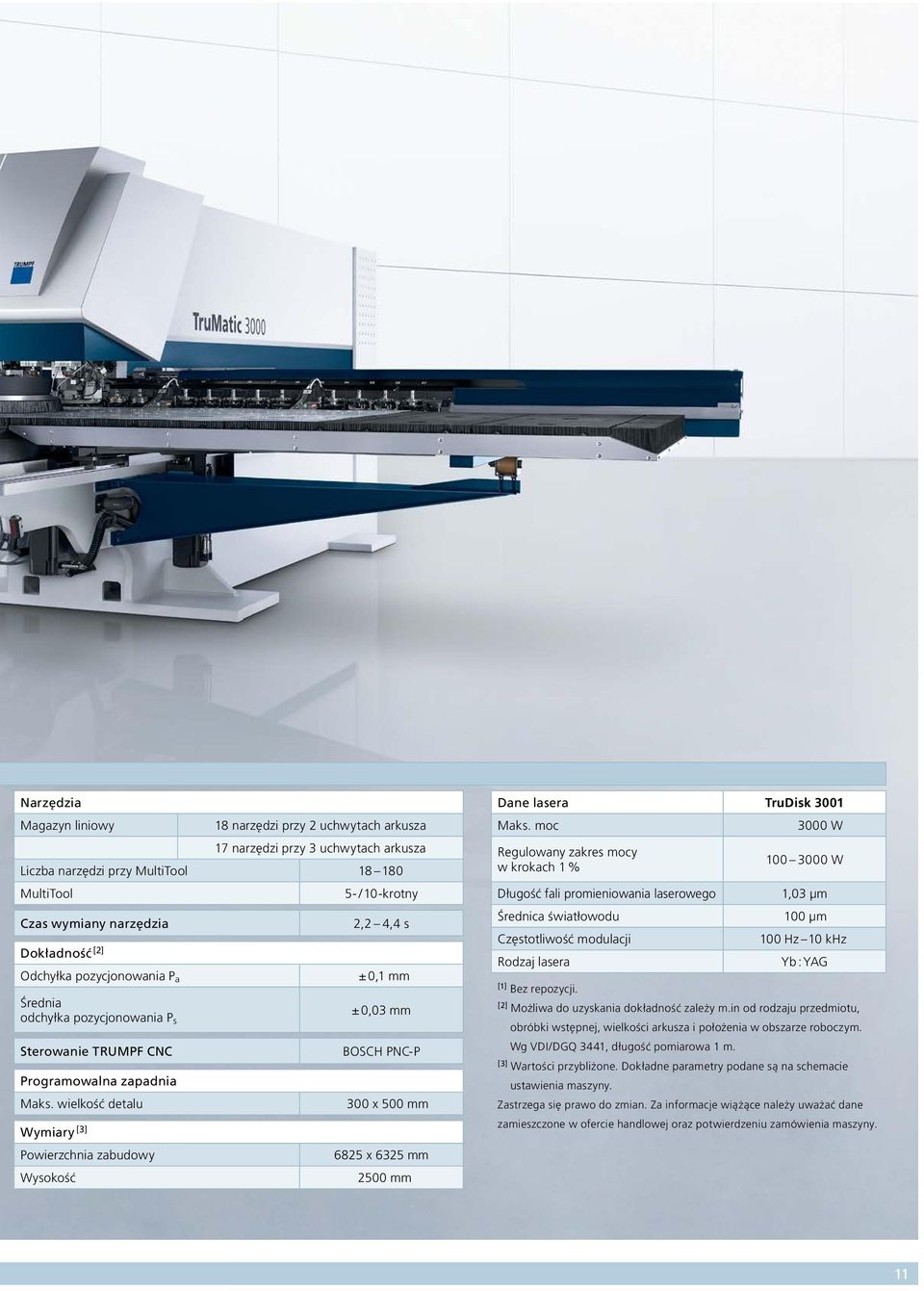 wielkość detalu 300 x 500 mm Wymiary [3] Powierzchnia zabudowy 6825 x 6325 mm Wysokość 2500 mm Dane lasera TruDisk 3001 Maks.