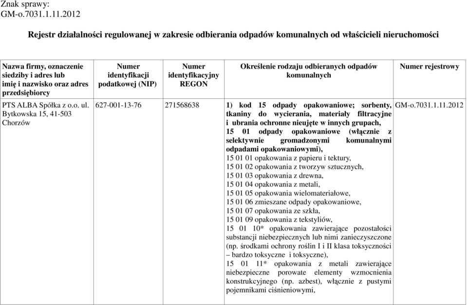 ALBA Spółka z o.o. ul.