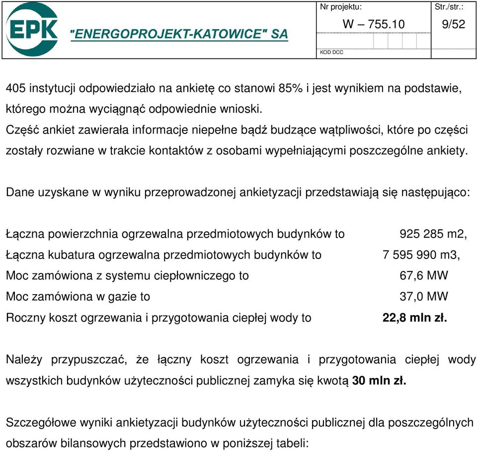 Dane uzyskane w wyniku przeprowadzonej ankietyzacji przedstawiają się następująco: Łączna powierzchnia ogrzewalna przedmiotowych budynków to 925 285 m2, Łączna kubatura ogrzewalna przedmiotowych