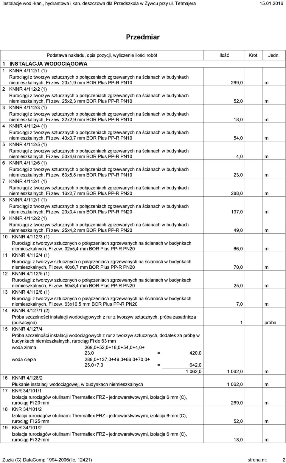 40x3,7 mm BOR Plus PP-R PN10 54,0 m 5 KNNR 4/112/5 (1) niemieszkalnych, Fi zew. 50x4,6 mm BOR Plus PP-R PN10 4,0 m 6 KNNR 4/112/6 (1) niemieszkalnych, Fi zew.