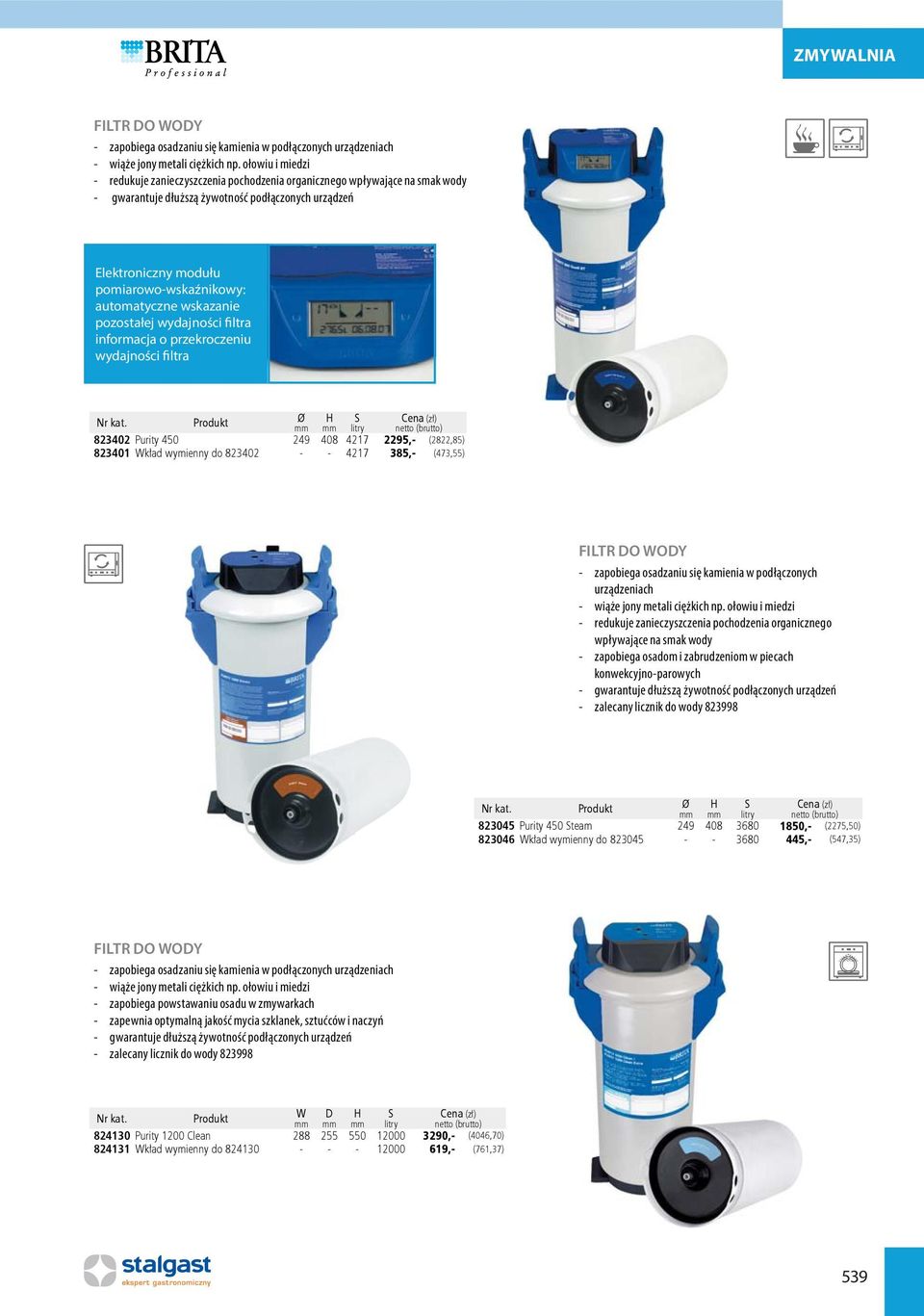 automatyczne wskazanie pozostałej wydajności filtra informacja o przekroczeniu wydajności filtra Produkt Ø H S mm mm litry 823402 Purity 450 249 408 4217 2295,- (2822,85) 823401 Wkład wymienny do