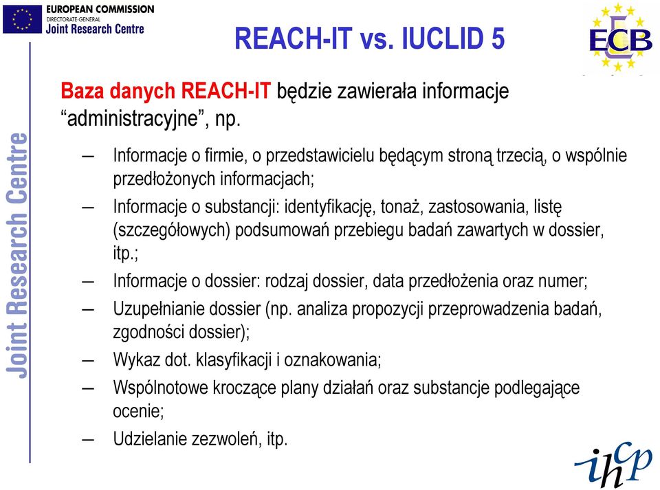 zastosowania, listę (szczegółowych) podsumowań przebiegu badań zawartych w dossier, itp.