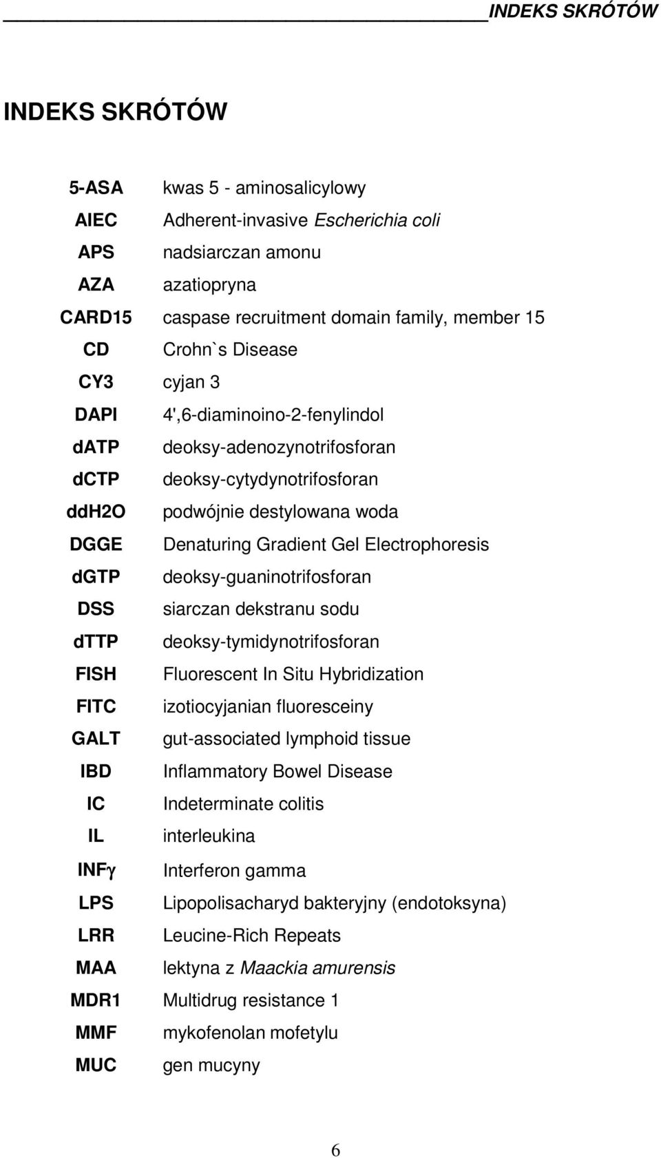 Electrophoresis dgtp deoksy-guaninotrifosforan DSS siarczan dekstranu sodu dttp deoksy-tymidynotrifosforan FISH Fluorescent In Situ Hybridization FITC izotiocyjanian fluoresceiny GALT gut-associated