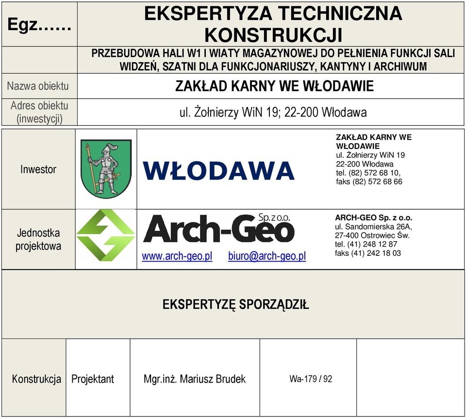 śołnierzy WiN 19 22-200 Włodawa tel. (82) 572 68 10, faks (82) 572 68 66 Jednostka projektowa www.arch-geo.pl biuro@arch-geo.pl ARCH-GEO Sp. z o.o. ul.