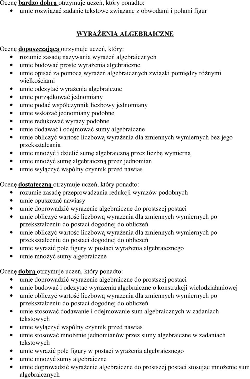 jednomiany podobne umie redukować wyrazy podobne umie dodawać i odejmować sumy algebraiczne umie obliczyć wartość liczbową wyrażenia dla zmiennych wymiernych bez jego przekształcania umie mnożyć i