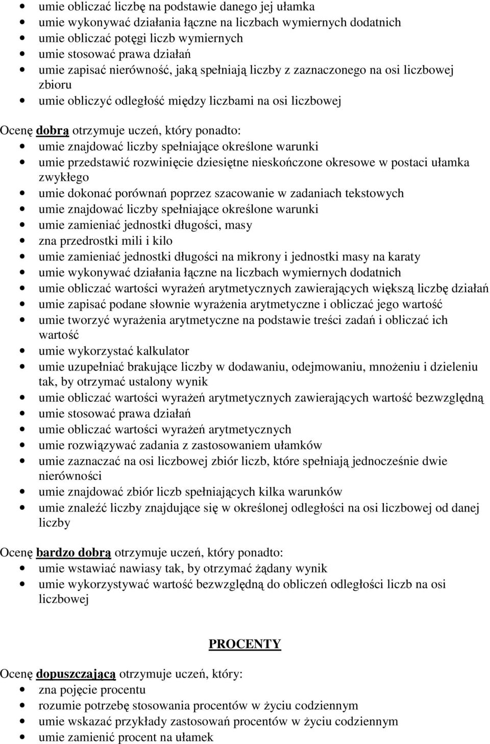 rozwinięcie dziesiętne nieskończone okresowe w postaci ułamka zwykłego umie dokonać porównań poprzez szacowanie w zadaniach tekstowych umie znajdować liczby spełniające określone warunki umie