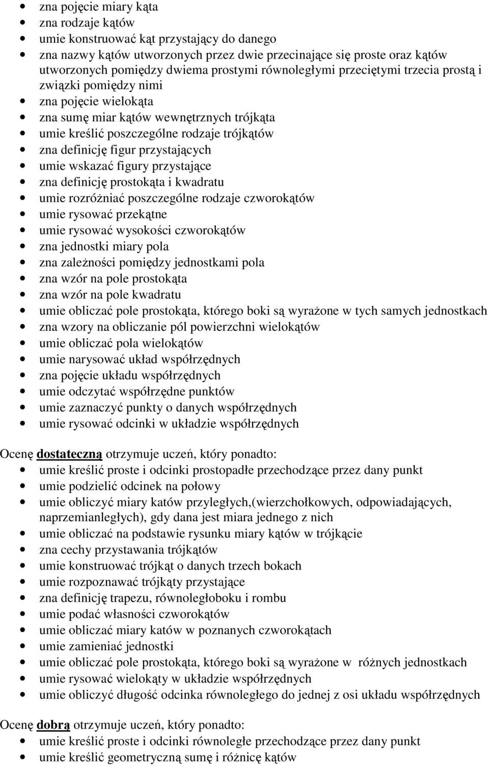 przystających umie wskazać figury przystające zna definicję prostokąta i kwadratu umie rozróżniać poszczególne rodzaje czworokątów umie rysować przekątne umie rysować wysokości czworokątów zna