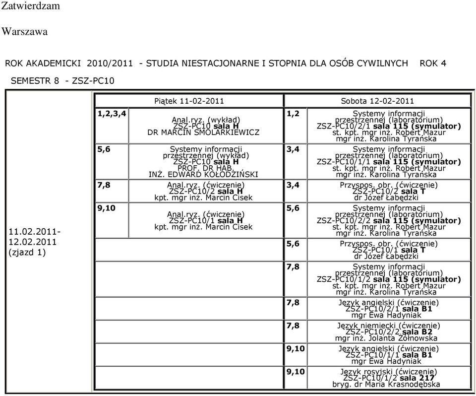 ryz. (ćwiczenie) ZSZ-PC10/2 sala H 9,10 Anal.ryz. (ćwiczenie) ZSZ-PC10/1 sala H 3,4 Przyspos.