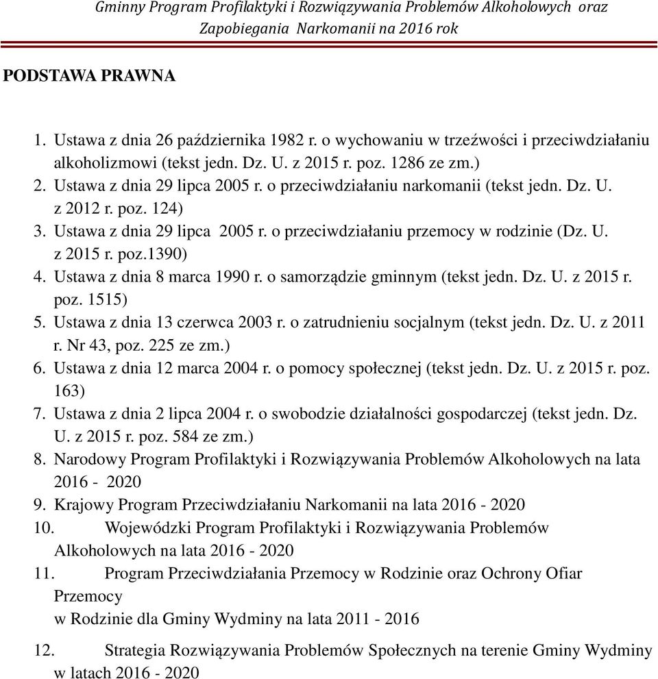 poz. 124) 3. Ustawa z dnia 29 lipca 2005 r. o przeciwdziałaniu przemocy w rodzinie (Dz. U. z 2015 r. poz.1390) 4. Ustawa z dnia 8 marca 1990 r. o samorządzie gminnym (tekst jedn. Dz. U. z 2015 r. poz. 1515) 5.