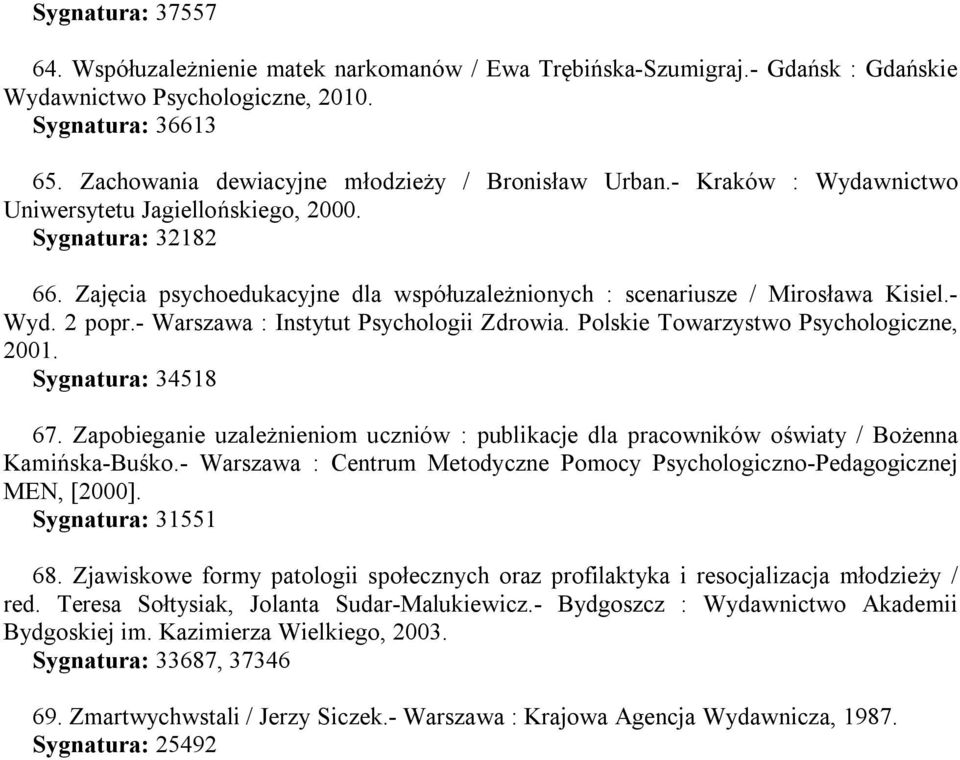 Zajęcia psychoedukacyjne dla współuzależnionych : scenariusze / Mirosława Kisiel.- Wyd. 2 popr.- Warszawa : Instytut Psychologii Zdrowia. Polskie Towarzystwo Psychologiczne, 2001. Sygnatura: 34518 67.