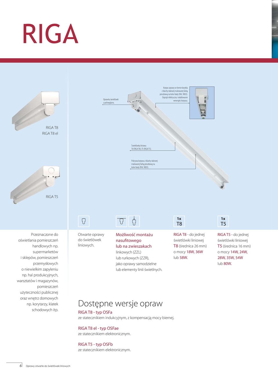RIGA T5 Przeznaczone do oświetlania pomieszczeń handlowych np. supermarketów i sklepów, pomieszczeń przemysłowych o niewielkim zapyleniu np.