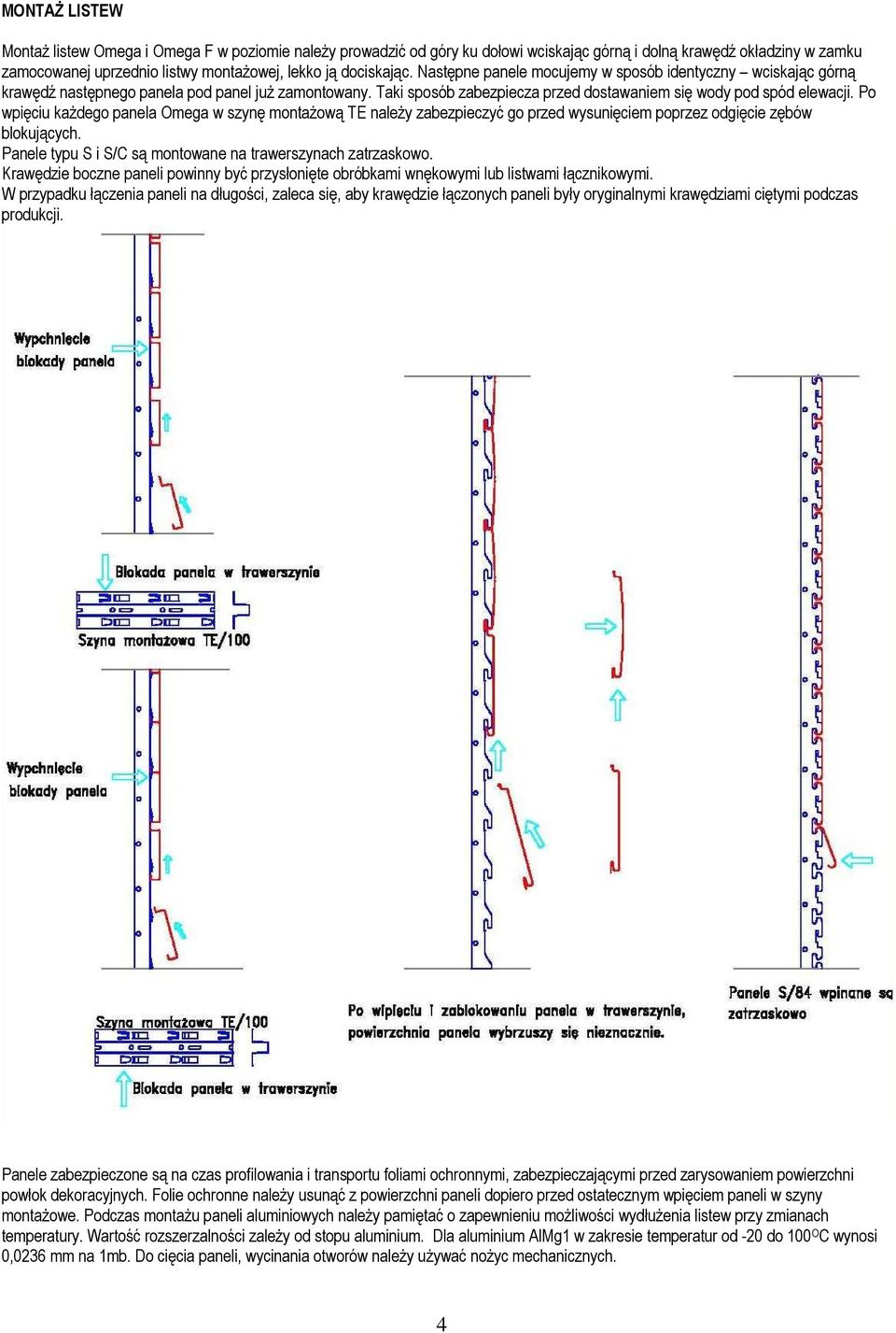 Po wpięciu każdego panela Omega w szynę montażową TE należy zabezpieczyć go przed wysunięciem poprzez odgięcie zębów blokujących. Panele typu S i S/C są montowane na trawerszynach zatrzaskowo.