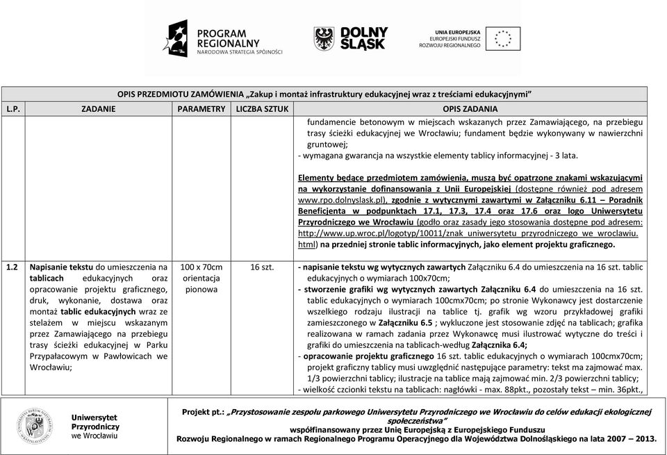 Elementy będące przedmiotem zamówienia, muszą być opatrzone znakami wskazującymi na wykorzystanie dofinansowania z Unii Europejskiej (dostępne również pod adresem www.rpo.dolnyslask.