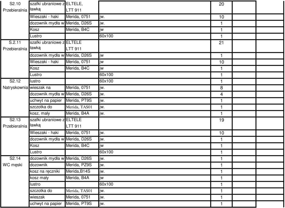 sedesu kosz, mały Merida, B4A jw. S2.3 szafki ubraniowe z ELTELE 9 Przebieralnia ławką LTT 9 H Wieszaki - haki Merida, 075 jw. 0 dozownik mydła w Merida, D26S jw.