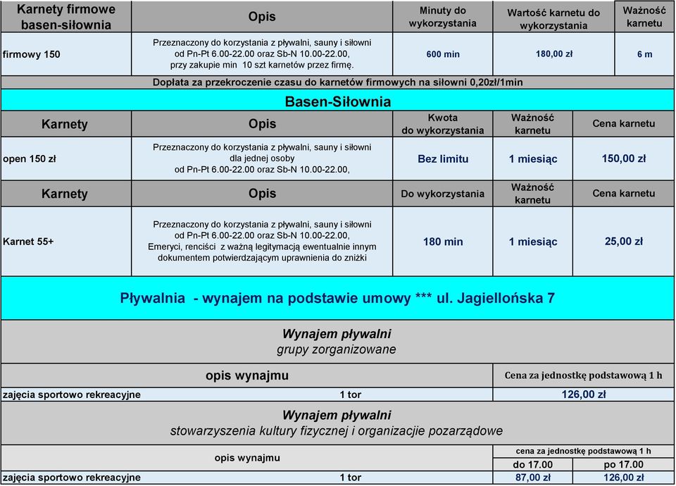 zł Cena Emeryci, renciści z ważną legitymacją ewentualnie innym dokumentem potwierdzającym uprawnienia do zniżki Karnet 55+ 180 min 1 miesiąc 25,00 zł Pływalnia - wynajem na