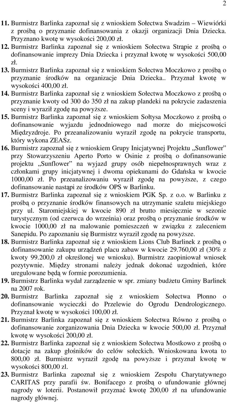 Burmistrz Barlinka zapoznał si z wnioskiem Sołectwa Moczkowo z prob o przyznanie rodków na organizacje Dnia Dziecka.. Przyznał kwot w wysokoci 400,00 zł. 14.