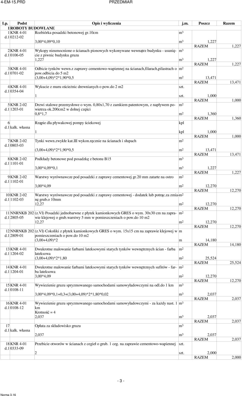 1 0106-05 z piwnic budynku gruzu 1,227 3 1,227 RAZEM 1,227 3 KNR 4-01 Odbicie tynków wewn.z zaprawy ceentowo-wapiennej na ścianach,filarach,pilastrach o 2 d.1 0701-02 pow.