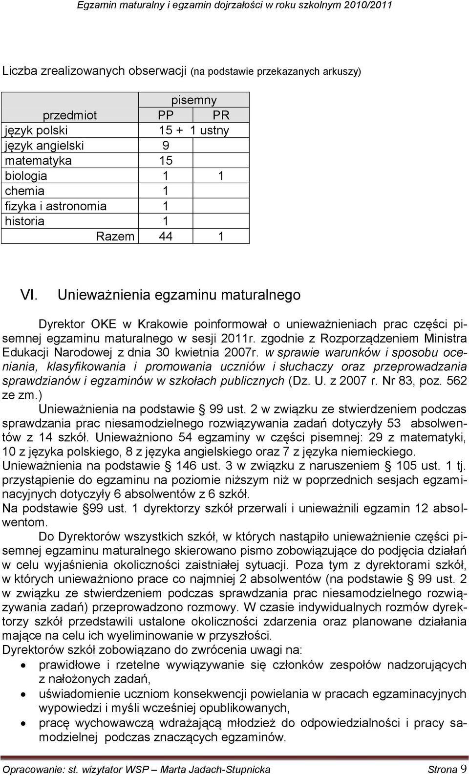 zgodnie z Rozporządzeniem Ministra Edukacji Narodowej z dnia 30 kwietnia 2007r.